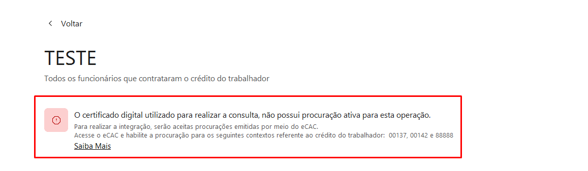 Tela exibindo uma mensagem de erro: 'O certificado digital utilizado para realizar a consulta, não possui procuração ativa para esta operação', com instruções para habilitar a procuração via eCAC.
