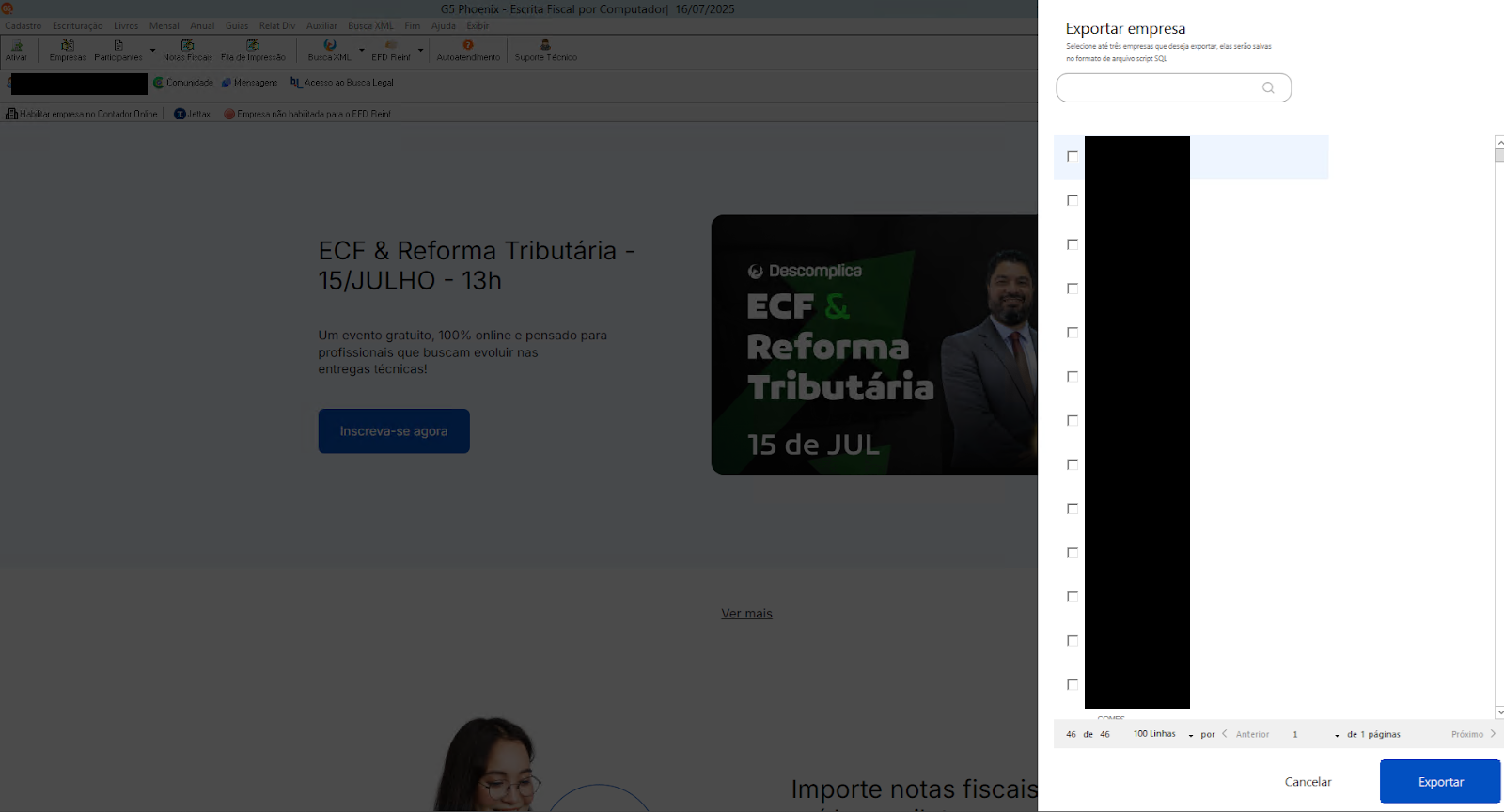 Janela pop-up 'Exportar empresa' sobreposta a uma tela de sistema, exibindo uma lista de empresas para seleção e exportação.