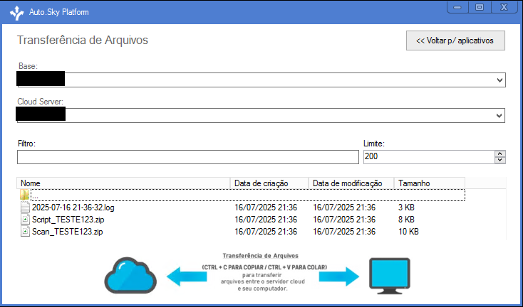 Tela do 'Auto.Sky Platform' exibindo a seção 'Transferência de arquivos', com campos para 'Base', 'Cloud server', 'Filtro' e 'Limite', e uma lista de arquivos com suas informações de nome, data de criação, modificação e tamanho.