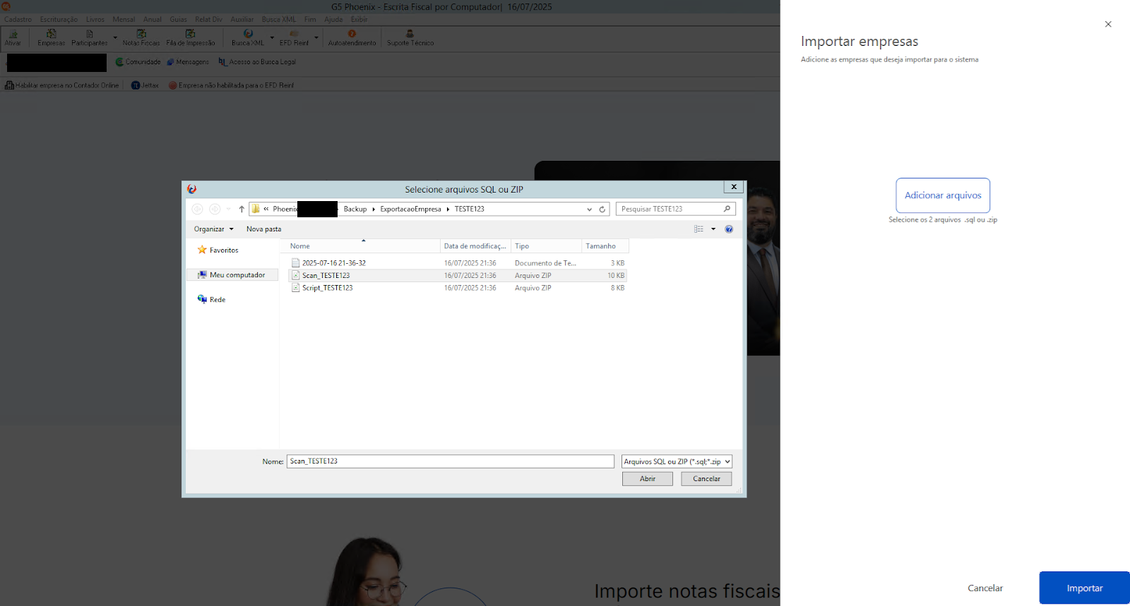 Janela 'Selecionar arquivos SQL ou ZIP' aberta sobre a tela do sistema, exibindo arquivos para importação e, à direita, a seção 'Importar empresas' com o botão 'Adicionar arquivos'.
