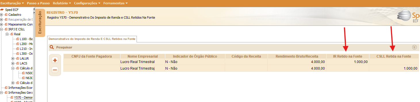 Tela do registro Y570 da ECF, exibindo a grade do 'Demonstrativo do IR e CSLL retidos na fonte', com destaque para os campos de valores do IR e da CSLL.