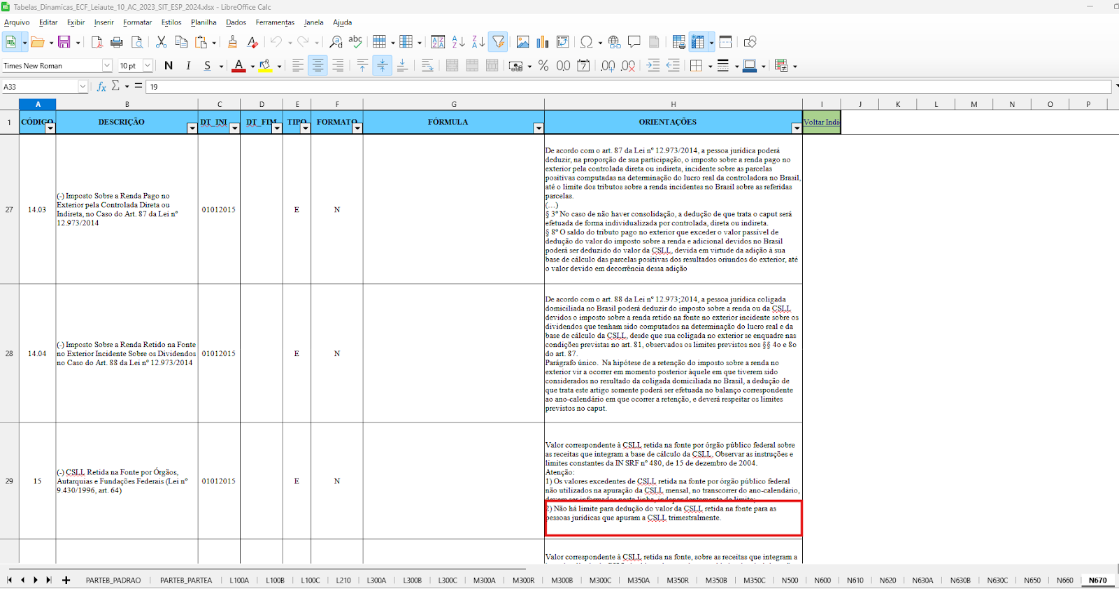 Planilha com dados para cálculo de imposto de renda e juros, exibindo colunas de 'Descrição', 'Dt_Fim', 'Tipo', 'Formato', 'Fórmula' e 'Orientações'.