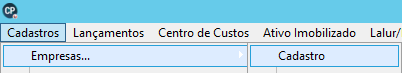 Menu do sistema com o caminho para acessar o cadastro de empresas, por meio da guia 'Cadastros' e da opção 'Empresas'.