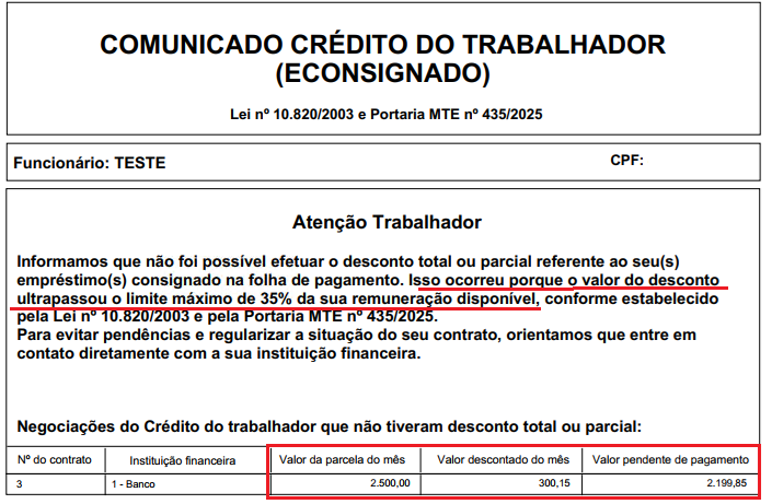 Comunicado de Crédito do trabalhador (eConsignado) detalhando a impossibilidade de desconto total devido ao limite de 35% e os valores pendentes.