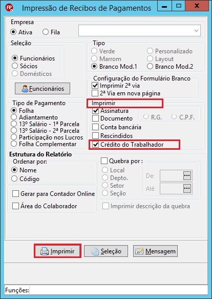 Tela de 'Impressão de recibos de pagamentos' com opções de tipo de pagamento, seleção de funcionários e a marcação 'Crédito do trabalhador'.