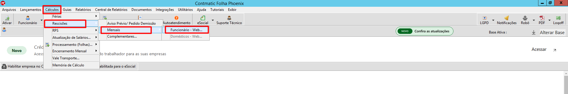 Menu do sistema destacando o caminho para acessar a tela de rescisões: guia 'Cálculos', opção 'Rescisões' e submenu 'Funcionário - Web'.