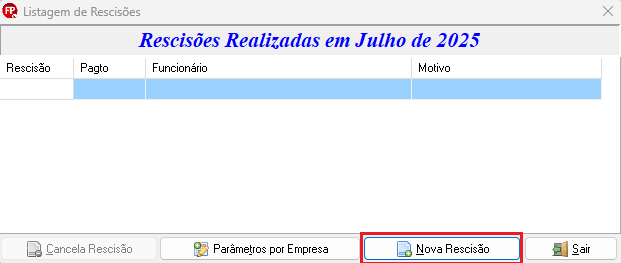 Tela 'Listagem de rescisões' exibindo as rescisões realizadas no mês, com o botão 'Nova rescisão' em destaque na parte inferior da janela.