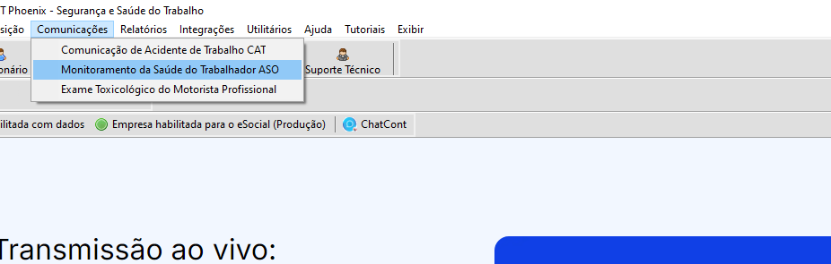 Menu do sistema SST, exibindo o caminho para acessar a tela 'Monitoramento da saúde do trabalhador ASO' através do menu 'Comunicações'.