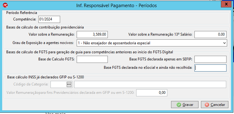 Janela 'Inf. responsável pagamento - Períodos', com destaque para o preenchimento da competência e valor sobre a remuneração.