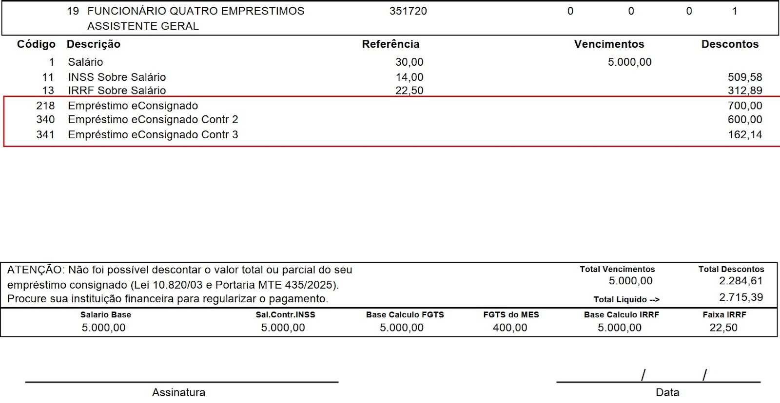 Folha de pagamento destacando os descontos de múltiplos empréstimos consignados, com uma mensagem de atenção sobre desconto parcial.