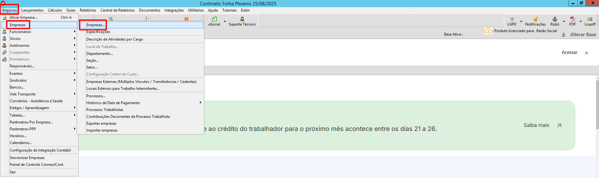 Menu do sistema com o caminho 'Arquivos - Empresas - Empresas' destacado para acessar a tela de cadastro.