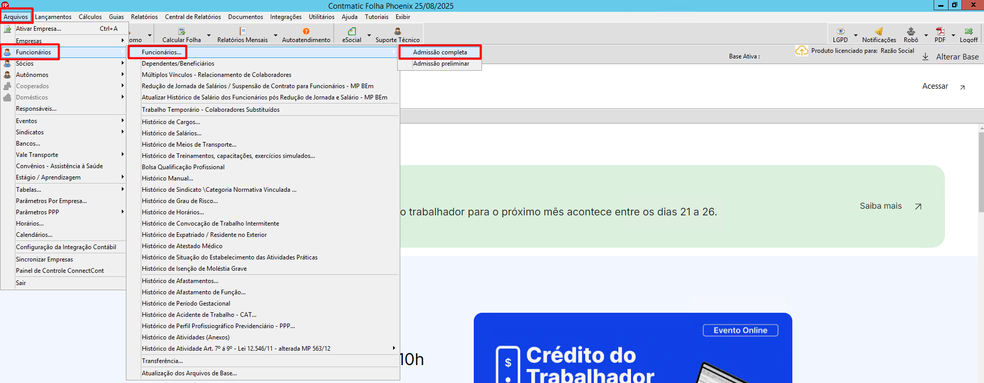 Menu do sistema destacando o caminho para acessar a tela de cadastro 'Arquivos - Funcionários - Funcionários'.