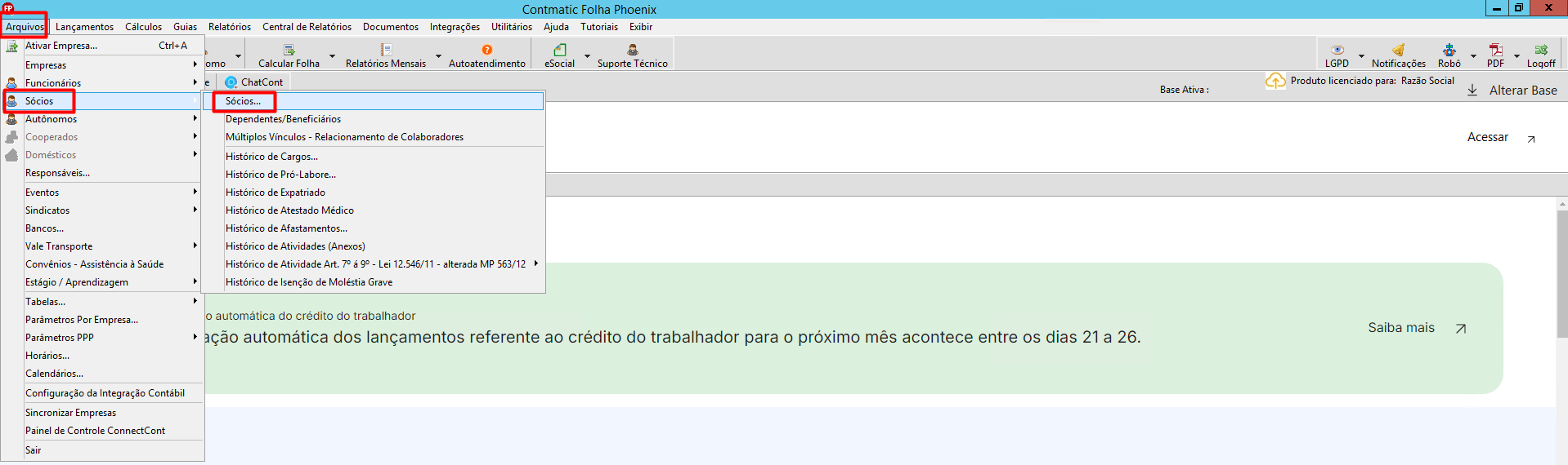 Menu principal do sistema Folha, destacando o caminho para acessar a tela de cadastro: menu 'Arquivos', submenu 'Sócios' e opção 'Sócios'.