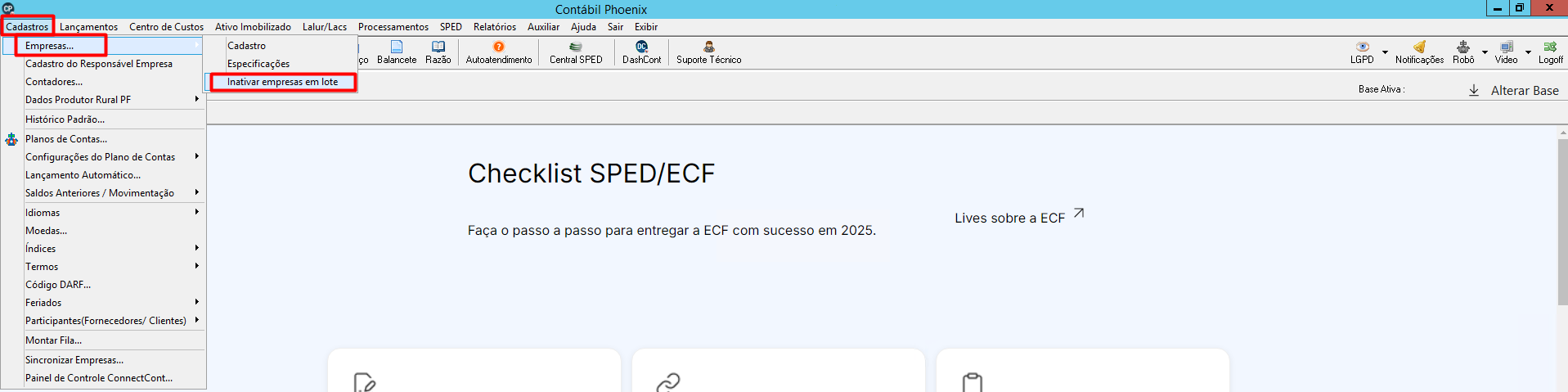 Tela do sistema Contábil, destacando o caminho de menu para acessar a funcionalidade 'Inativar empresas em lote'.