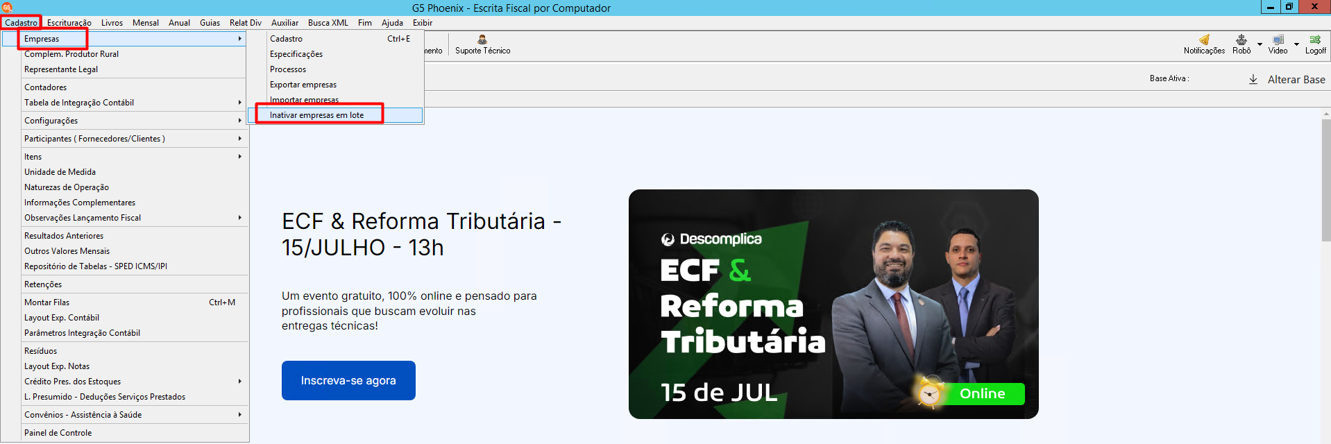 Tela do sistema G5, destacando o caminho de menu para acessar a funcionalidade 'Inativar empresas em lote'.