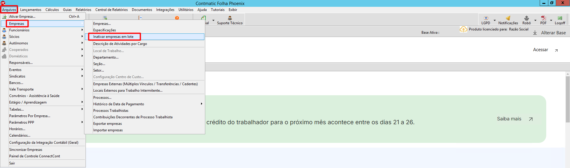 Tela do sistema Folha, destacando o caminho de menu para acessar a funcionalidade 'Inativar empresas em lote'.