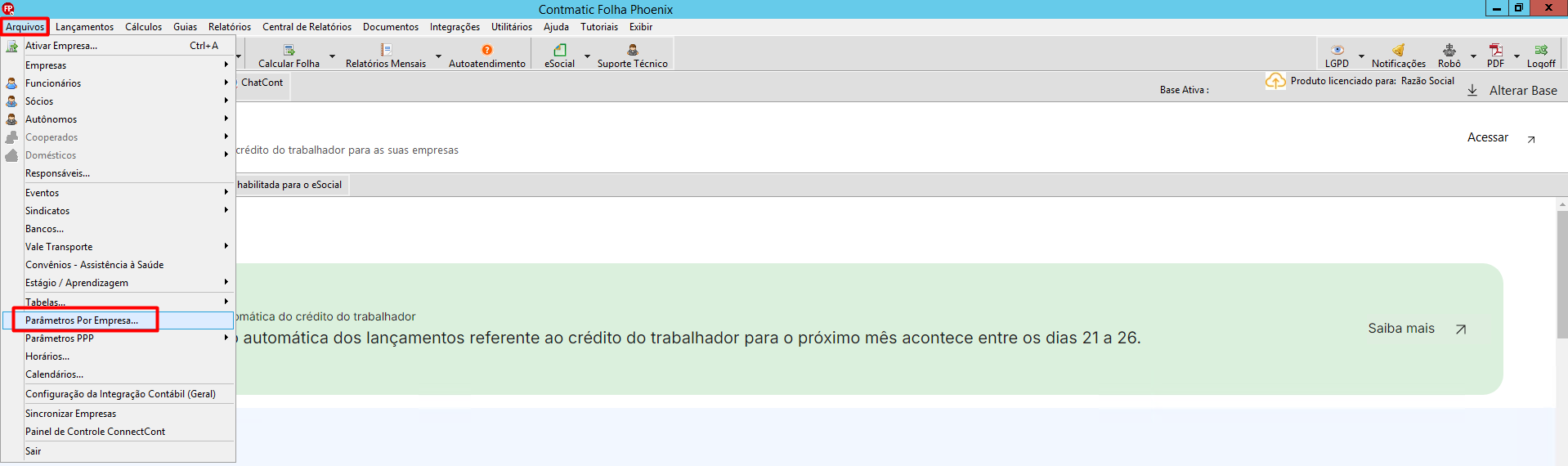 Menu principal do sistema, mostrando o caminho para acessar as configurações da empresa através das opções 'Arquivos' e 'Parâmetros por empresa'.