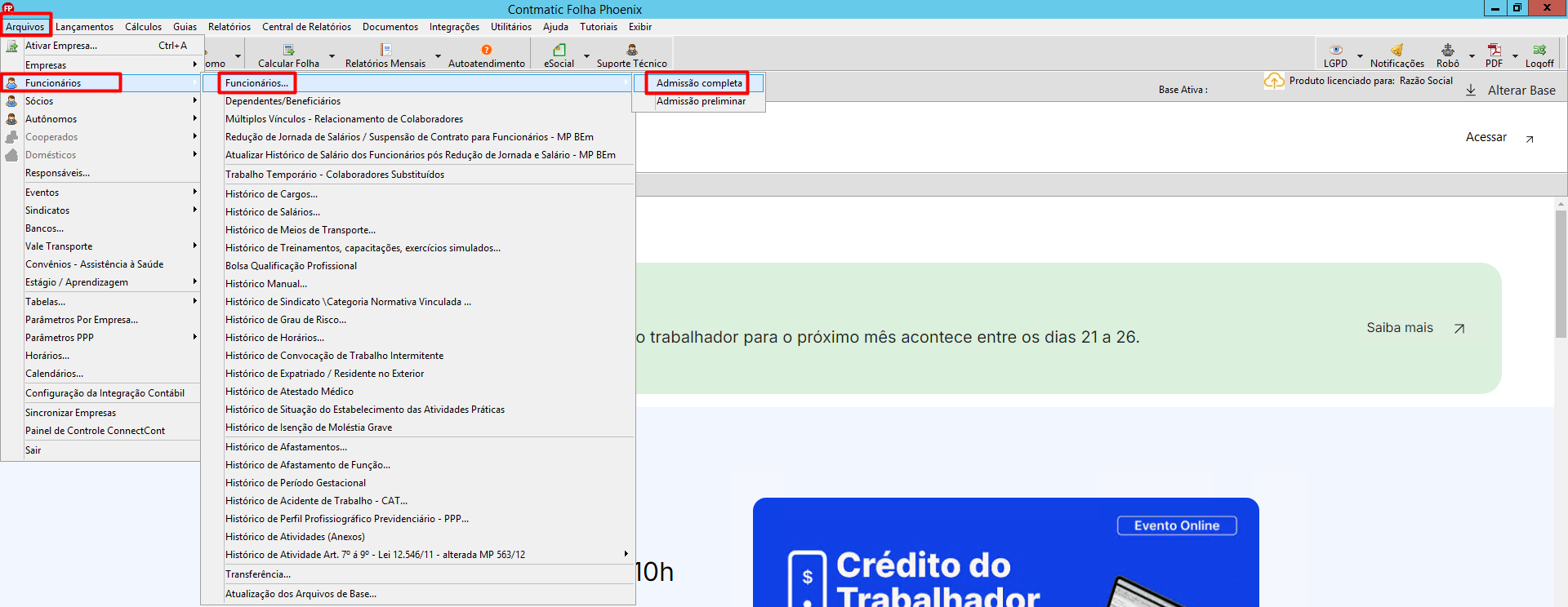 Menu do sistema Folha, destacando o caminho: 'Arquivos', 'Funcionários' e a opção 'Admissão completa' para acessar o cadastro.