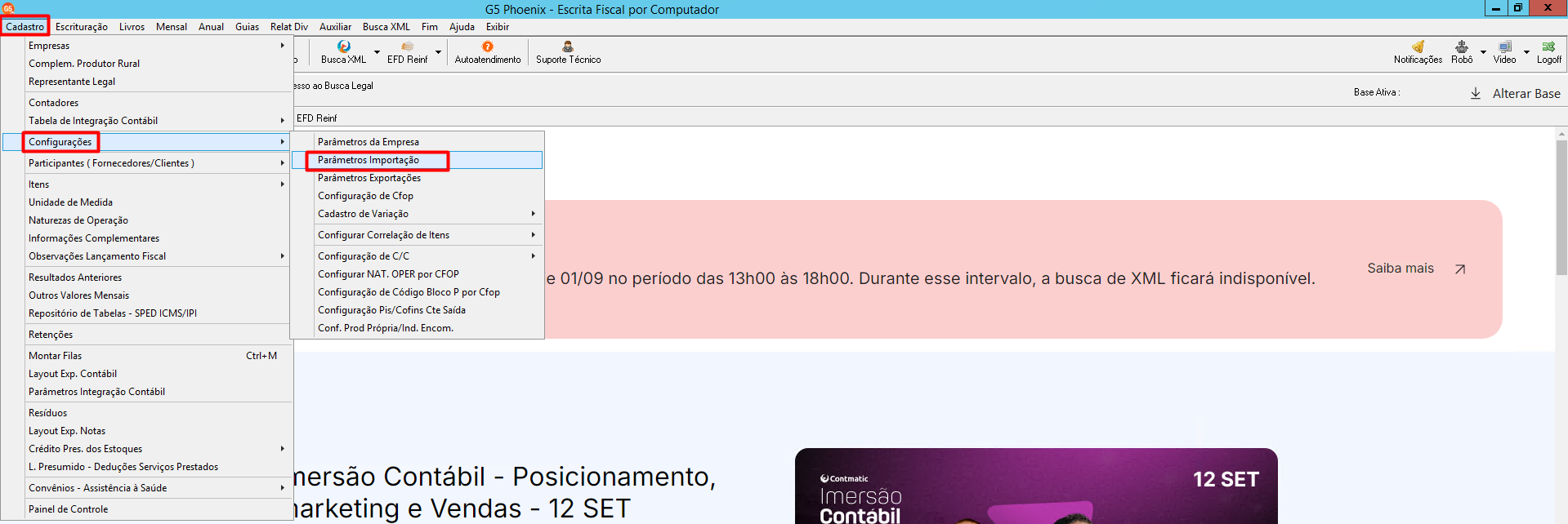 Menu de navegação do G5, destacando o caminho para 'Parâmetros importação' através de 'Cadastro' e 'Configurações'.