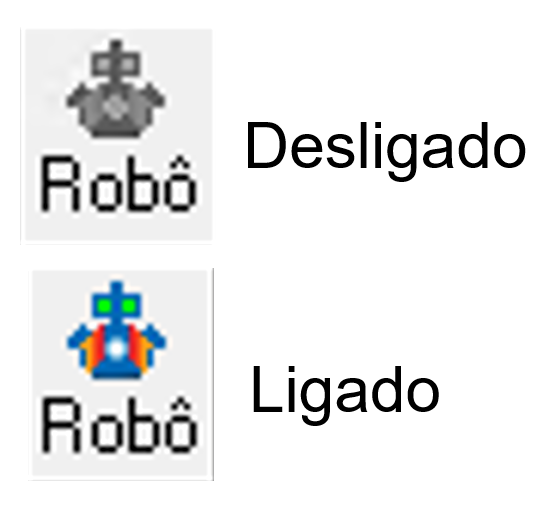Comparativo do ícone Robomatic: na parte superior, cinza, indicando inatividade; na parte inferior, colorido, indicando que está ativo e em execução.