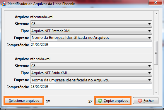 Tela 'Identificador de arquivos' com arquivos de NFe identificados, exibindo seus dados, e o botão 'Copiar arquivos' em destaque.