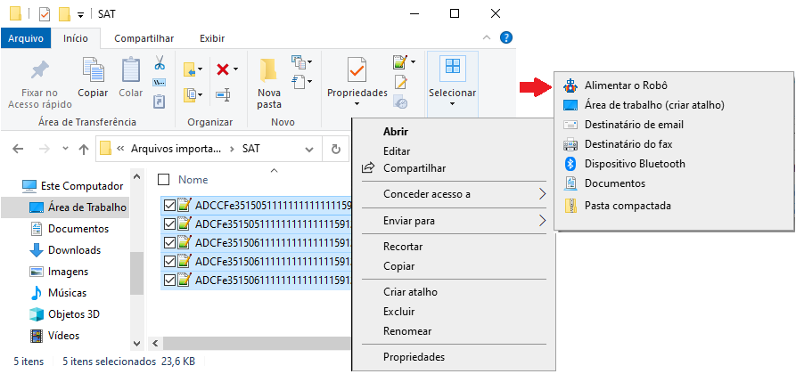 Explorador de Arquivos com documentos selecionados, exibindo o menu de contexto onde a opção 'Alimentar o robô' está destacada no submenu 'Enviar para'.