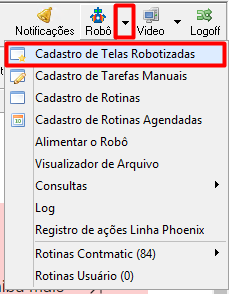 Menu do Robomatic no G5 com a opção 'Cadastro de telas robotizadas' em destaque para acesso à configuração das automações.