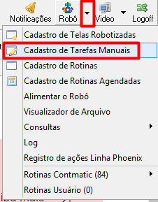 Menu do Robomatic no G5 com a opção 'Cadastro de tarefas manuais' em destaque, indicando o acesso para registrar novas tarefas.