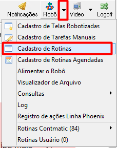 Menu do Robomatic no G5 com a opção 'Cadastro de rotinas' em destaque para acessar a tela de criação e gerenciamento de processos.