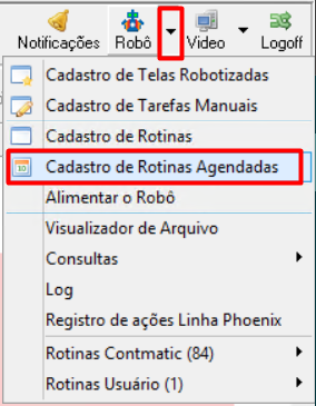 Menu do Robomatic no G5 com a opção 'Cadastro de rotinas agendadas' destacada para acesso à tela de agendamento de tarefas.