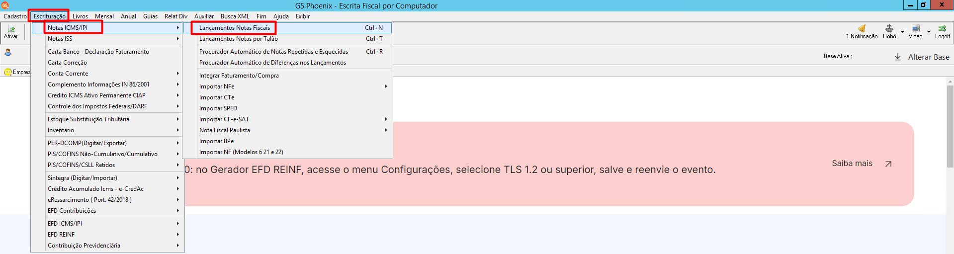 Menu de navegação no sistema, destacando o caminho 'Escrituração', 'Notas ICMS/IPI' e 'Lançamentos notas fiscais'.