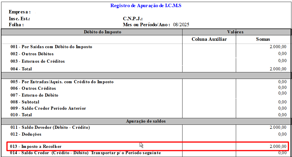Relatório 'Registro de apuração de ICMS', com a linha '013 - Imposto a recolher' em destaque, exibindo o valor final.