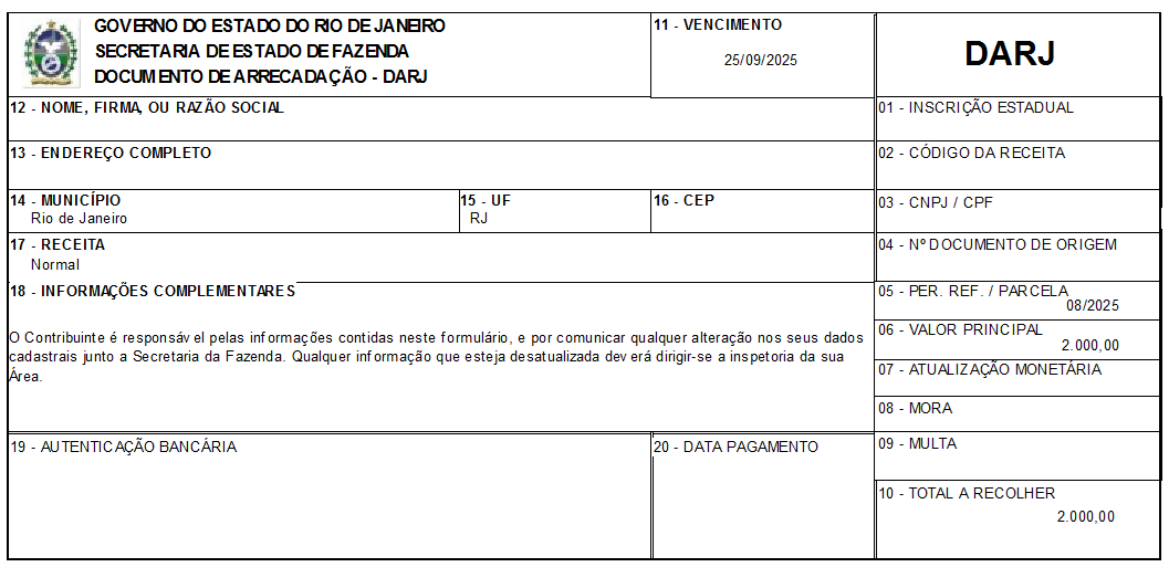 Acesso à emissão de guia de recolhimento no sistema, pelo caminho de menu 'Guias' e 'DARJ ICMS'.