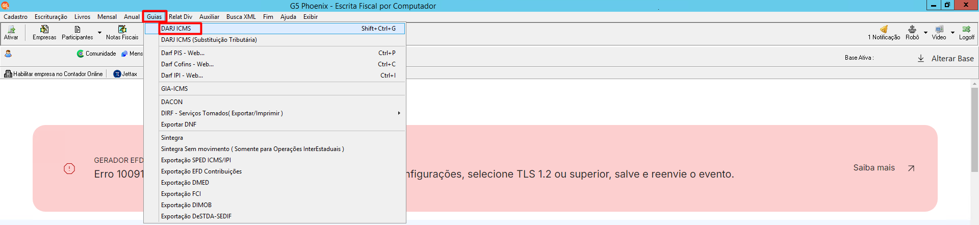 Acesso à emissão de guia de recolhimento no sistema, pelo caminho de menu 'Guias' e 'DARJ ICMS'.