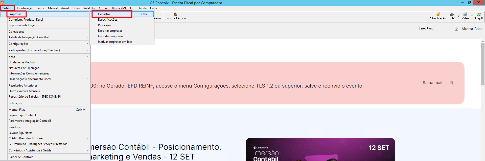 Menu principal do sistema, destacando o caminho para acessar a tela de cadastro de empresas via Cadastros, Empresas e Cadastro.