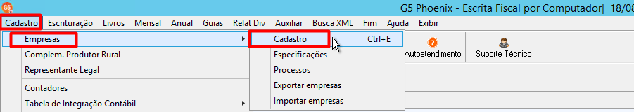 Menu principal do sistema G5, destacando o caminho para acessar a tela de registro através de 'Cadastro', 'Empresas' e, em seguida, 'Cadastro'.