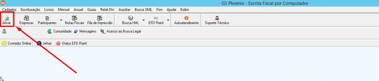 Tela inicial do G5 com destaque para o ícone 'Ativar', localizado na barra de ferramentas principal do módulo de Escrita Fiscal.