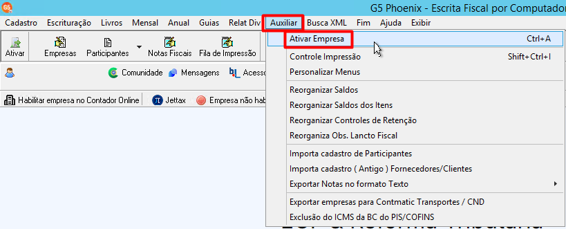 Menu 'Auxiliar' do G5 aberto, com a opção 'Ativar empresa' em destaque, demonstrando o caminho alternativo para acessar a funcionalidade.