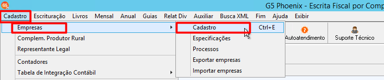 Acesso ao cadastro de empresas no G5, destacando o menu 'Cadastro', submenu 'Empresas' e a opção 'Cadastro'.