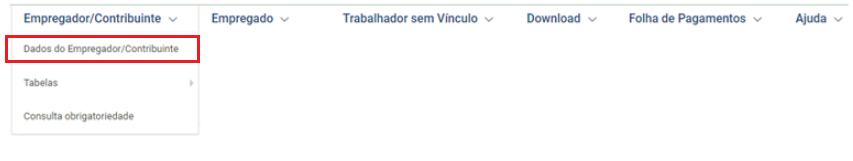 Menu do portal eSocial, com a opção 'Dados do empregador/contribuinte' em destaque, indicando o caminho para acessar as informações cadastrais.
