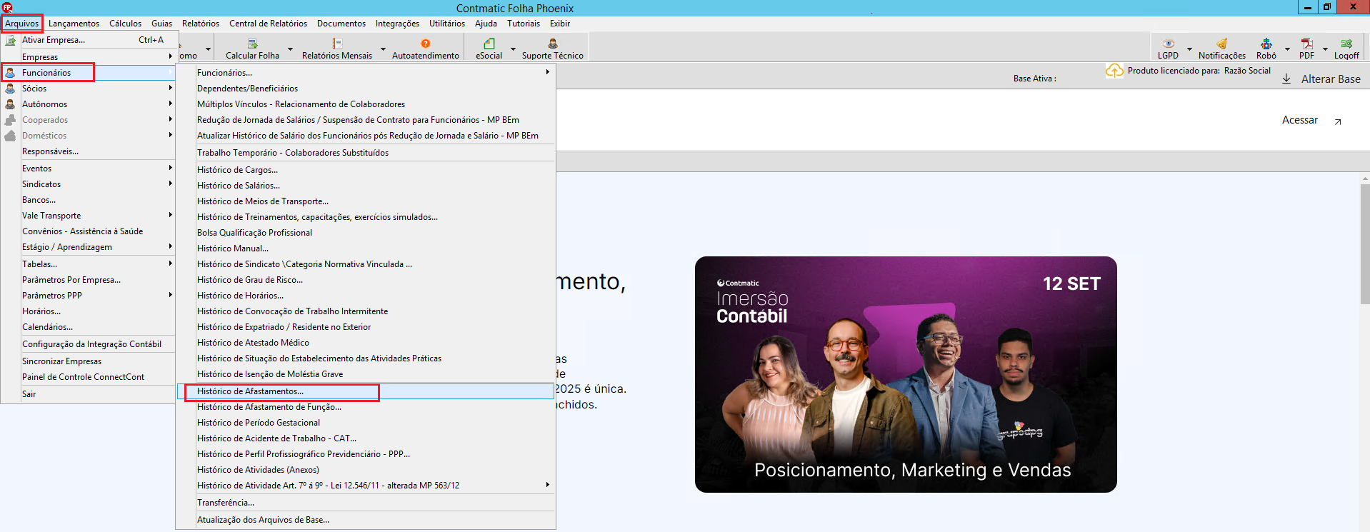 Menu do sistema Folha, indicando o caminho de acesso ao histórico de afastamentos 'Arquivos', 'Funcionários', 'Histórico de afastamentos'.