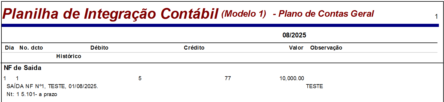 Relatório 'Planilha de integração contábil'. Exibe um lançamento de NF de saída, com as contas de débito, crédito, valor e histórico.