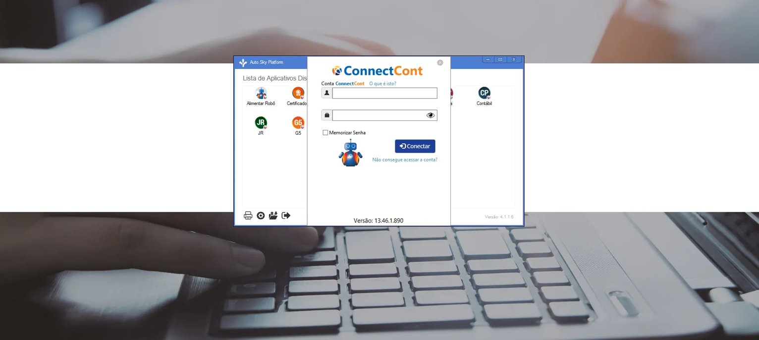 Tela de login do Connectcont, com campos para 'Conta Connectcont' e 'Memorizar senha', e o botão 'Conectar'.