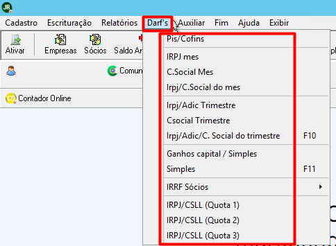 Menu 'DARFs' do sistema, que exibe as opções para gerar guias de recolhimento de impostos como PIS/COFINS, IRPJ e C. social, trimestral ou mensal.