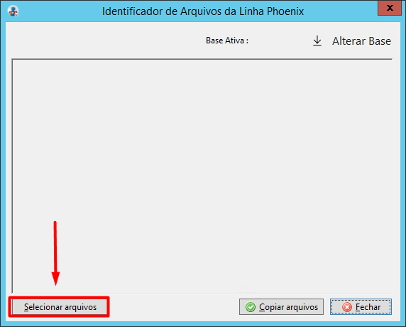 Janela 'Identificador de arquivos da Linha Phoenix', destacando o botão 'Selecionar arquivos' no canto inferior esquerdo.