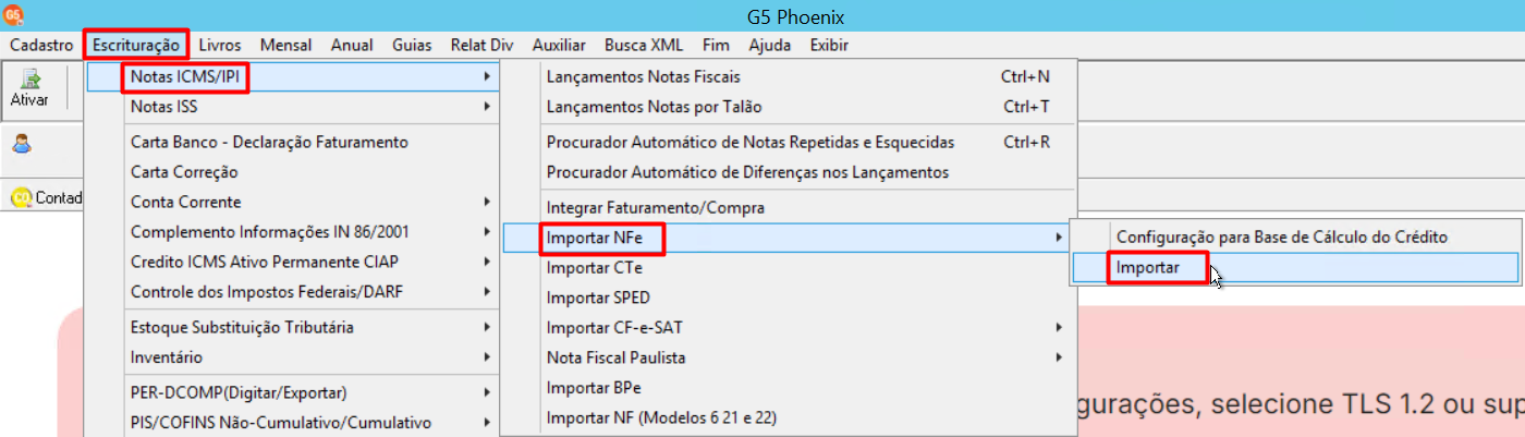 Menu do sistema G5, destacando o caminho Escrituração,  Notas ICMS/IPI, Importar NFe, Importar.