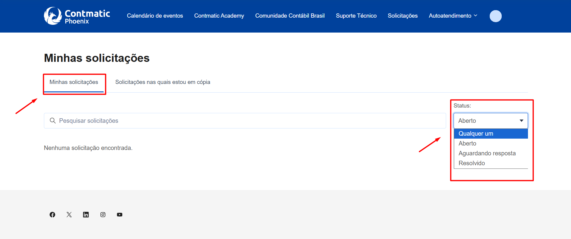 Tela 'Minhas solicitações' da área do cliente, destacando o filtro de 'Status' com as opções 'Qualquer um', 'Aberto' e 'Aguardando resposta'.