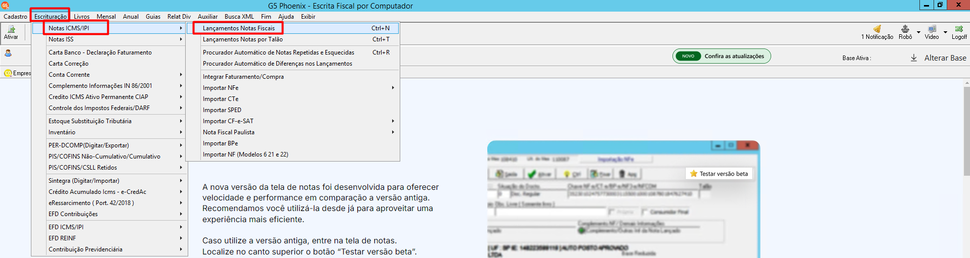 Tela inicial do sistema com o menu Notas ICMS/IPI expandido, destacando a opção Lançamentos notas fiscais para acesso ao módulo.