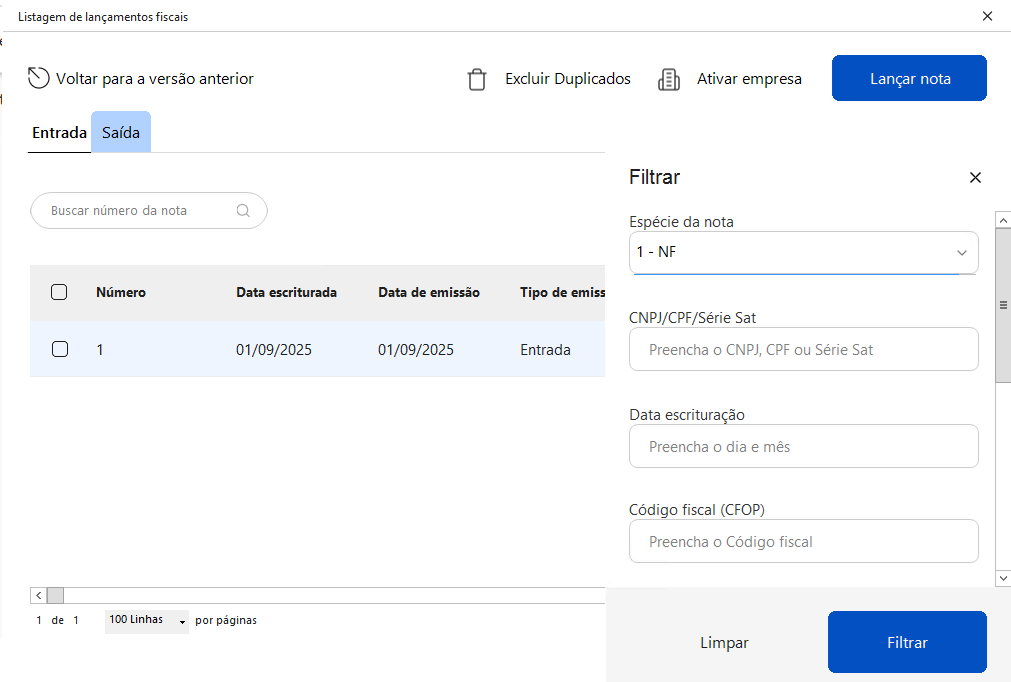 Tela de listagem com o painel Filtrar aberto, exibindo campos para CNPJ/CPF/Série Sat, Data escrituração, Código fiscal (CFOP) e Série da nota.