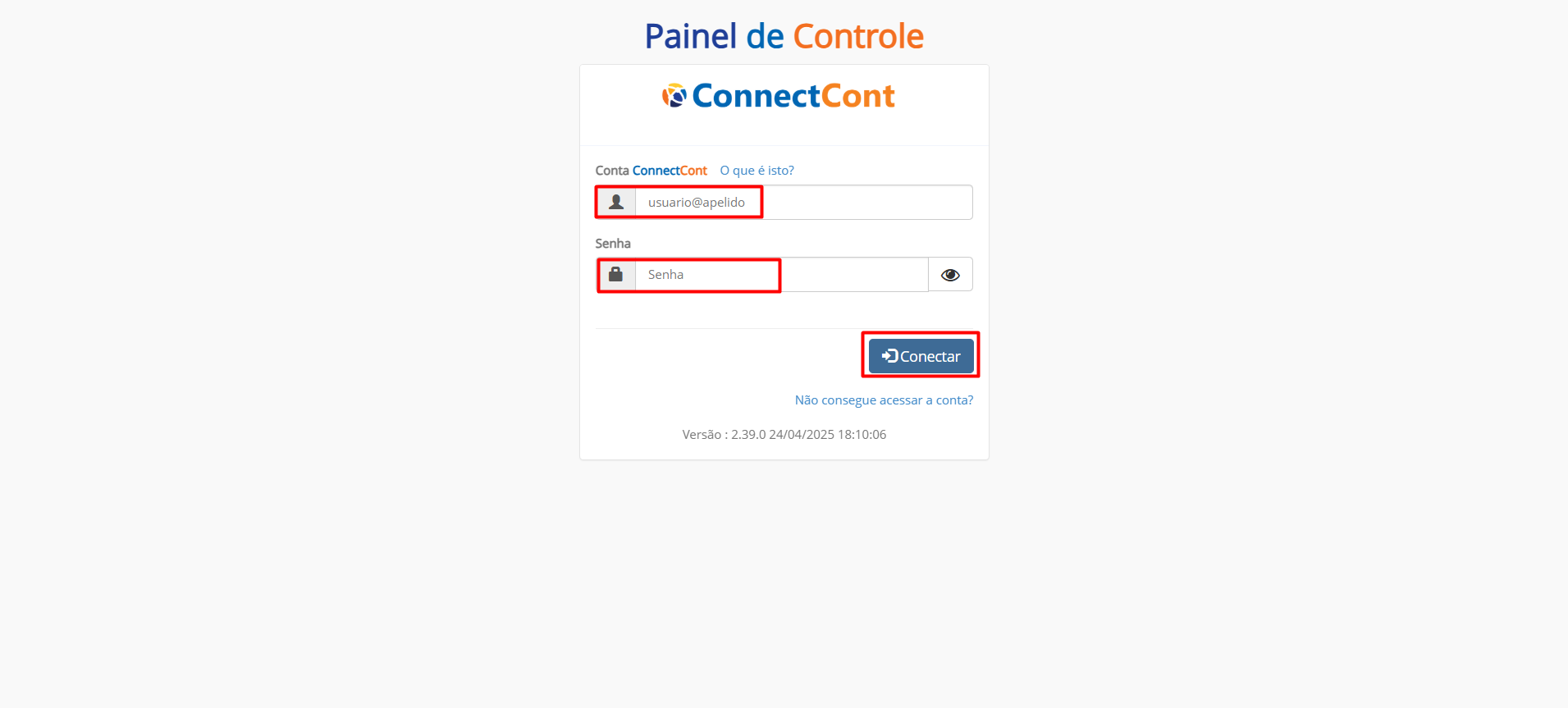 Tela de login do Painel de controle, destacando os campos para inserir a Conta Connectcont, a senha e o botão 'Conectar' para acessar o sistema.
